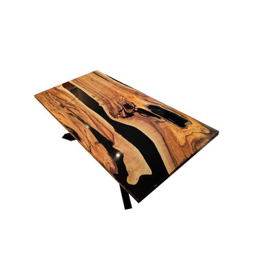 Eleganter Tisch aus Nussbaumholz mit schwarzer, glänzender Epoxidharz-Oberfläche 1